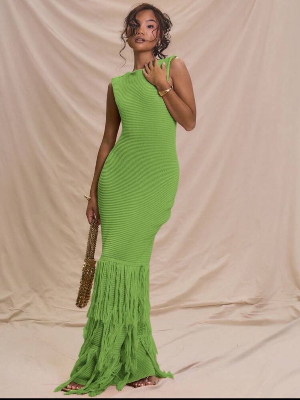 SHEIN Lime Green Sleeveless Fringe Knit Maxi Dress